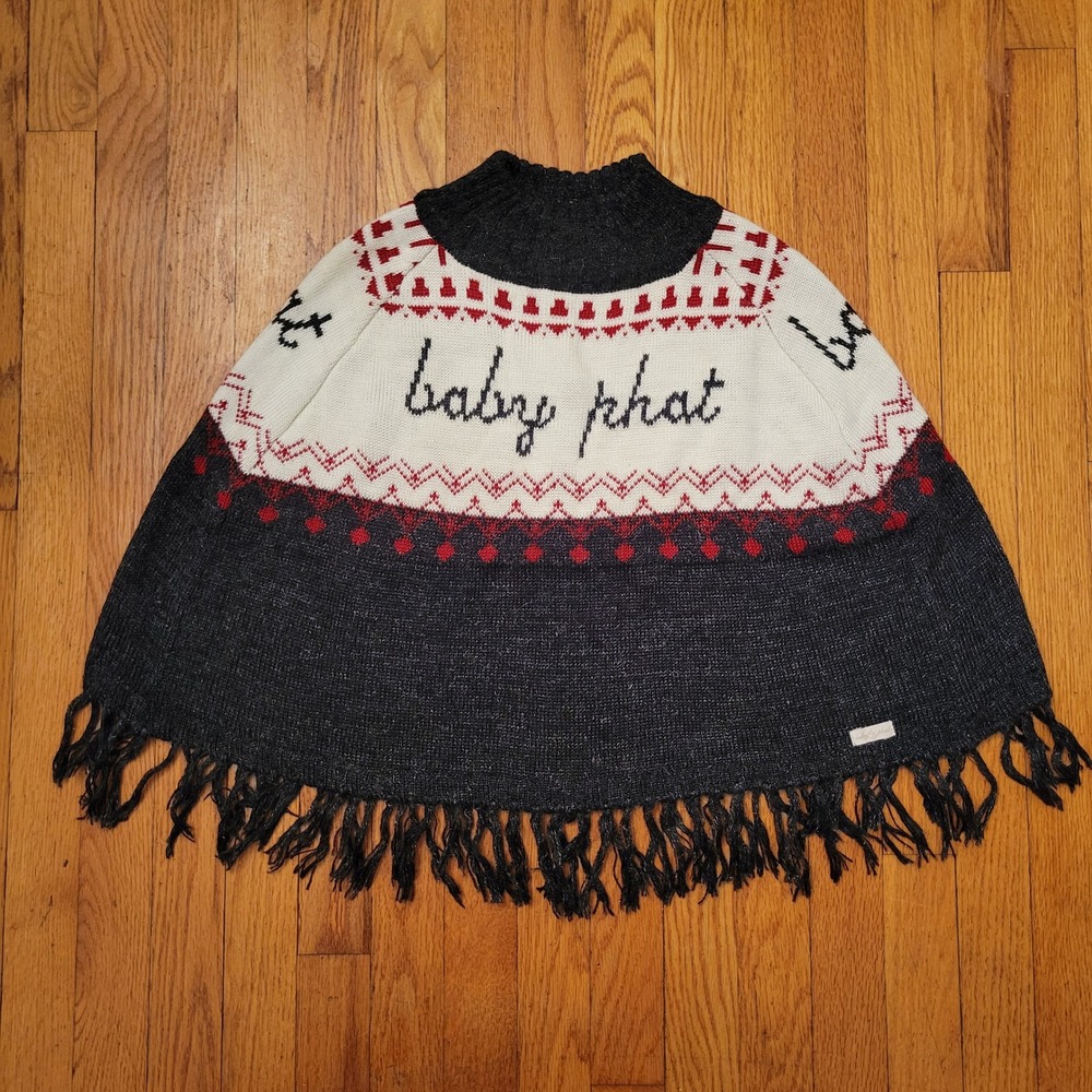 Baby Phat Knit Shawl Poncho Sweater Mock Neck‎ Fringe Fair Isle Red Black White